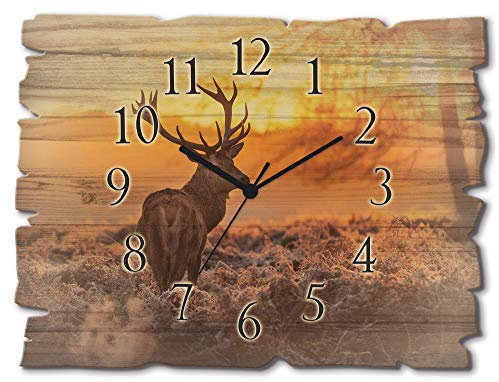 ARTLAND Wanddeko Wanduhr ohne Tickgeräusche aus Holz Quarz Uhr lautlos 40x30 cm Rechteckig Landschaft Hirsch Tiere Wald Hirschgeweih D3JI