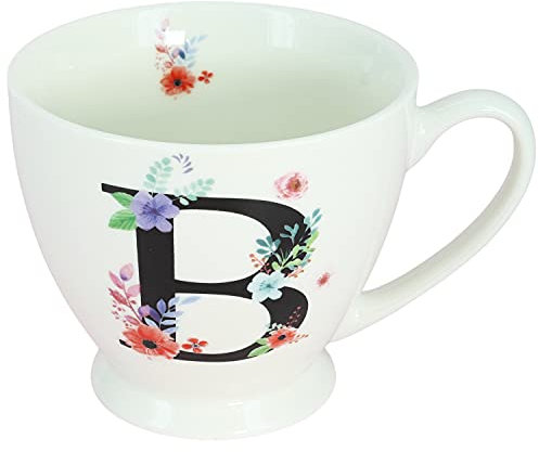 G Decor White Floral, 350ml, Alphabet A-Z Ceramic Tea Coffee XL Cup Mug, Novelty Drinkware for Morning or Evening Drink (B)