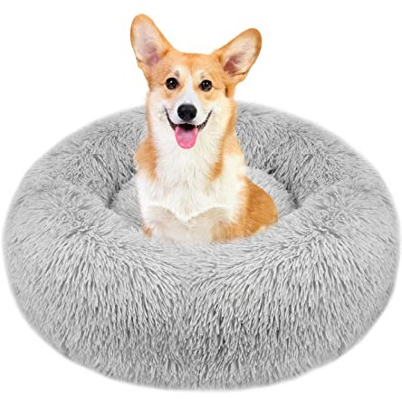 fireowl Donut Hundebett Mittelgroße Flauschig: 60cm Beruhigendes Welpenbett Anti Angst Katzenbett - Plüsch Haustierbett Rund Kuscheliges Waschbar Hellgrau