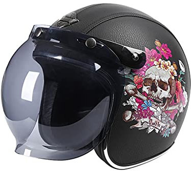 DCLINA Leichter Luxus Retro Totenkopf Motorrad Halbhelm Atmungsaktives Licht, Vintage Open-Face Helmmütze für Herren und Damen ECE Zertifiziert, Cruiser Moped Scooter ATV Helm, Schwarz Style