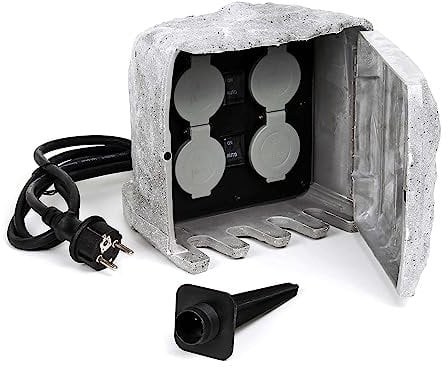 Toma de corriente de jardín efecto piedra con 4 enchufes, IP44, sensor crespuscular y cable 1,5m Gris