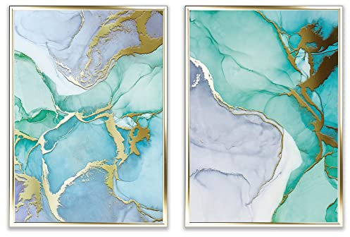 Heimlich® Premium Poster Set Deko Gold mit Bilderrahmen Holz Weiss | Gold Deko Wohnzimmer | Bilder Gold Posterset | Bilderset Poster Abstrakt 29,7 cm x 42,0 cm | » Blau Aquarell «