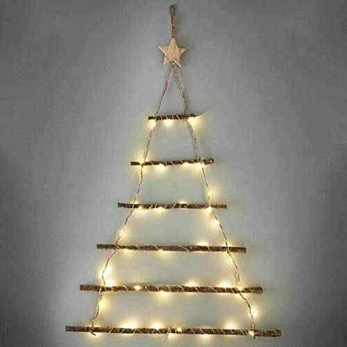 Bloomingtons Direct Wooden Wall Hanging Christmas Tree Ornament Light Up Ladder with 40 Warm White LED Lights Wooden Rope Ladder 64cm