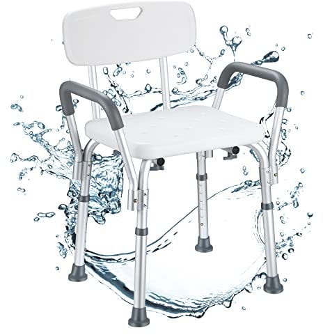NArra Chaise de Douche avec Amovible Accoudoir Dossier Tabouret de Douche Réglable Hauteur Charge Jusqu'à 150kg avec antidérapants Légère Aluminium Siège de Douche pour Seniors Assemblage sans Outils