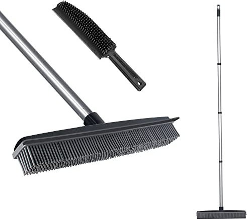 Escoba de Goma con Piel de rascador y Mango Largo, Juego de Cepillo de Alfombra y Pelusa para Eliminar el Pelo de Mascota, Perro, Gato, Escoba de Empuje para Alfombra Suave, azulejo