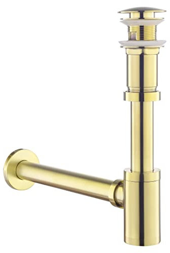 SET - Design Siphon mit Ablaufgarnitur mit Überlauf für Waschbecken Gebürstete Gold – Keymark Universal Siphon und Ablaufventil Bad – Messing Syphon Sifon Pop Up Abflussgarnitur Abfluss Waschtisch
