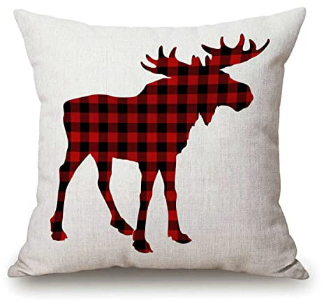 Elch Rot und Schwarz Schach Plaid Schottisches Büffel Baumwolle Leinen Outdoor Kissenbezüge Quadratisch Standard Kissenbezüge für Sofa Couch Bett Auto 45,7 x 45,7 cm