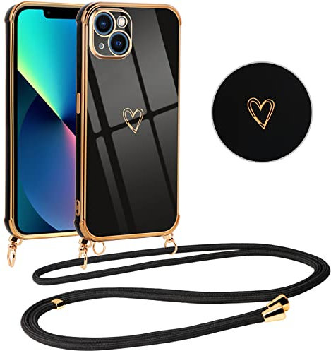 Vauki Funda con Cuerda para iPhone 13, Patrón de Corazón TPU Carcasa, con Colgante Ajustable Collar Correa para el Cuello Cadena Cuerda, AntiChoque Suave Silicona Cover para iPhone 13 6.1, Negro
