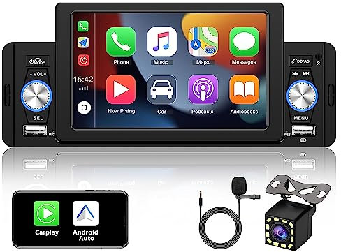CMECHO Single Din Car Stereo with Apple Carplay Android Auto 5 Inch Touch Screen Car Radio with Bluetooth 4.0 FM Radio Mirror Link USB Input Fast Charging + Reverse Camera + Remote Control +Microphone