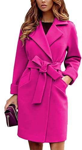 shownicer Damen Mantel Elegant Lang Wollmantel Mode Langarm Umlegekragen Einfarbig Trenchcoat Warme Outwear Herbst Winter Jacke mit Gürtel A Rosa S