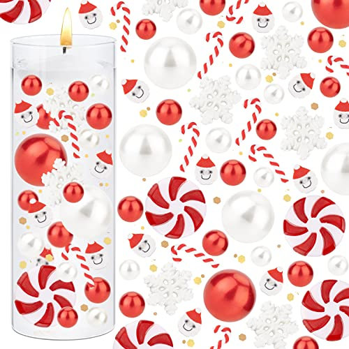 BENECREAT 220PCS Weihnachtsperle Für Vasenfüller, Rote Weiße Schwebende Perlen Mit Glitzer, Schneeflocken Und Weihnachtsschmuck Für Make-Up-Pinselhalter, Hochzeit, Partydekor