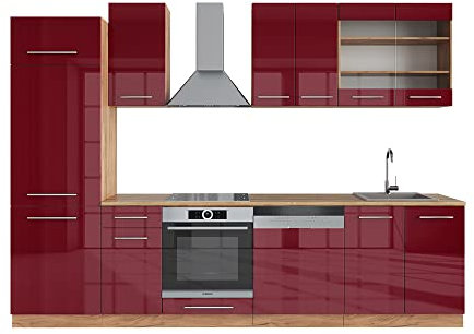 Vicco Küchenzeile Fame-Line, Bordeaux Hochglanz/Eiche Gold, 300 cm ohne Arbeitsplatte