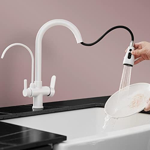 Grifo Cocina 3 Vias Osmosis Extraible Blanco Latón Telescópico Giratorio Grifo 3 Vias Cocina