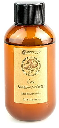 Ecodrop Coconut & Sandalwood Oil Refill - 100ml Bottle | Large Fresh Scented Vegan Aromatherapy Fragrance Oil Reed Diffuser Refill | Eliminate Office & Home Living Room, Bedroom & Bathroom Odours