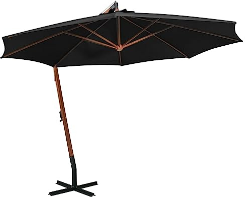 PHGTYUK Parasol déporté avec mât anthracite 3,5 x 2,9 m en bois massif de sapin pour terrasse et jardin, avec protection UV et construction stable en baleines de bambou et pied en croix, Noir , 300 x
