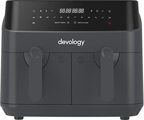 Devology Double Air Fryer, 9L, 2x4.5L Dual Zone, Air Fryer, 50 Recipe Cookbook, 12 Cooking Programs, Digital LED Display, Two Zone Airfryer,Healthy Oil-free Fryer, Non Stick, Dishwasher Safe Appliance