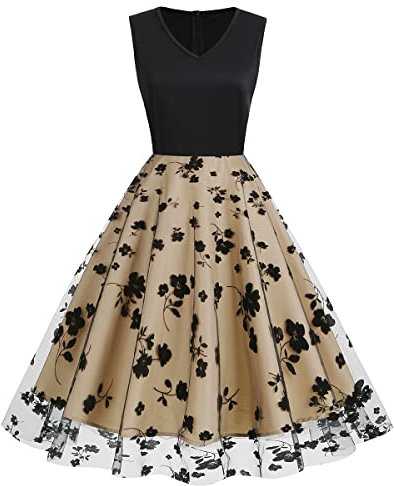 IWEMEK 1950 Dresses for Women Vintage Rockabilly Swing Butterfly Floral Tea Dress Sleeveless V-Neck A-line 50s 60s Pinup Audrey Hepburn Style Wedding Party Prom Cocktail Dress Beige Floral M