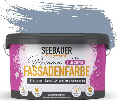 SEEBAUER diy Silikonharz-Fassadenfarbe Blau 5L für Außen (No. 843 Pale Heaven) Selbstreinigende Fassadenfarbe mit Lotuseffekt - Geeignet für Putz, Mauerwerk und Beton