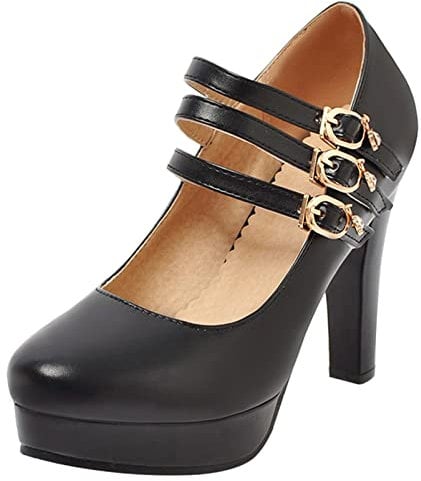 Women Block Heel Mary Jane Shoes Round Toe Fashion Court Shoes Buckle High Heel Dress Shoes with Platform, 17086EUH Black Size 1.5 UK/34