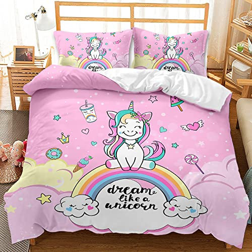 AOXHFNV Rosa Einhorn Bettbezug,Schöner Regenbogen weiße Wolke Einhorn Mädchen Kinder Bettwäsche 135×200cm,Einhorn-Motiv Bettwäsche mit 2 Kissenbezügen(135×200cm,Rosa 1)