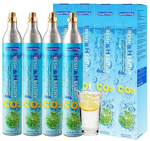 GreatWhip 4x CO2 Zylinder 60 L für Wassersprudler, Prämie Einschrauben Karbonisator kompatibel mit gängigen Sprudlern, SodaStream, Aarke etc., 425g Recycelbar Gewindezylinder *Nicht für Quick Connect