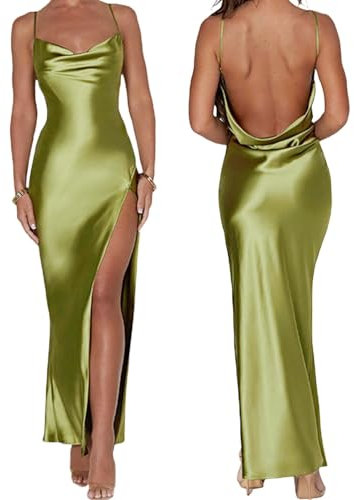 MAHUAOYIXI Vestito Lungo Elegante Estivo Donna - Senza Maniche, Satin, High Split, Tinta Unita - Abito da Spiaggia e Cerimonia Sexy (Verde, M)