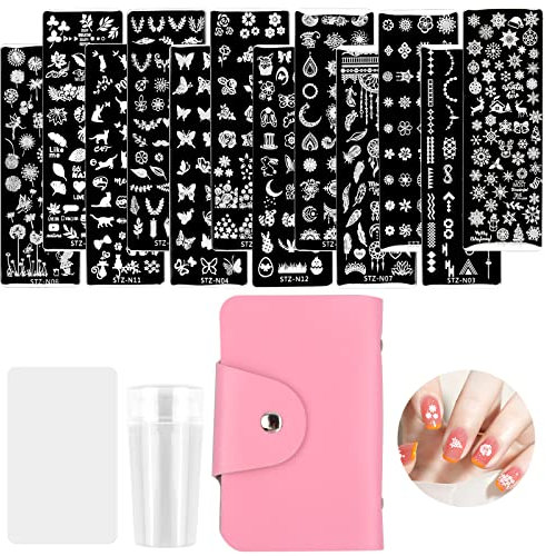 Cozlly 12 Pcs DIY Schaber Nail Art Set,Nagel Stamping Schblonen Platte Set,Nagel Stempel Schablone Set,Nagel Stamping Schablonen,mit Transparent Stempel,Schaber,für Maniküre DIY