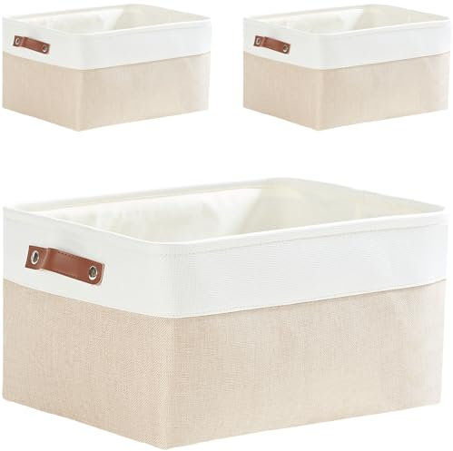 Mangata Fabric Storage Boxes,[3 Pack] Thicken Canvas Storage Basket with Handles for Underwear, Clothes, Towel (Large, Light Khaki/White)