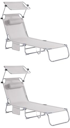 SoBuy 2-er Set Sonnenliege klappbar Gartenliege mit Sonnendach & Kopfkissen & Seitentasche Strandliege für Balkon 155x56x81cm für Gartenmöbel Terrasse Camping Beige OGS48-MIx2
