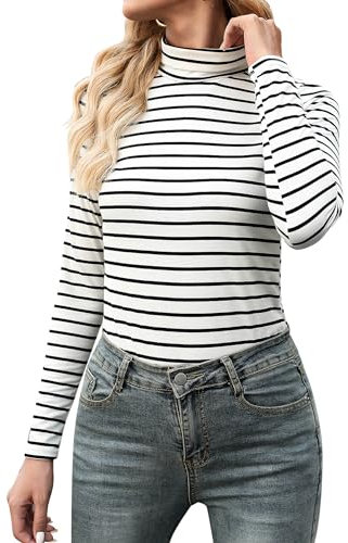 Aottori Damen Langarmshirt Baumwolle Unterwäsche Elegant Rollkragenshirt Stretch Basic Top Thermooberteile Tunika T-Shirt Sexy Frühling Weiß Streifen S