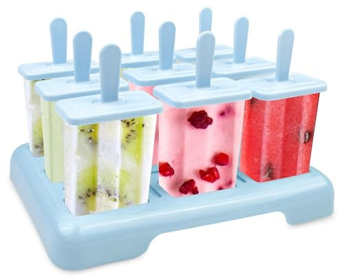 Traxenta 9 Pièces moule glace, popsicle moules réutilisable, ice pop mold, Avec Brosses, Batonnet Glace Et Entonnoirs Pliants en Silicone, pour Popsicles, Sorbets Nourriture, Crèmes Glacées (Bleu)