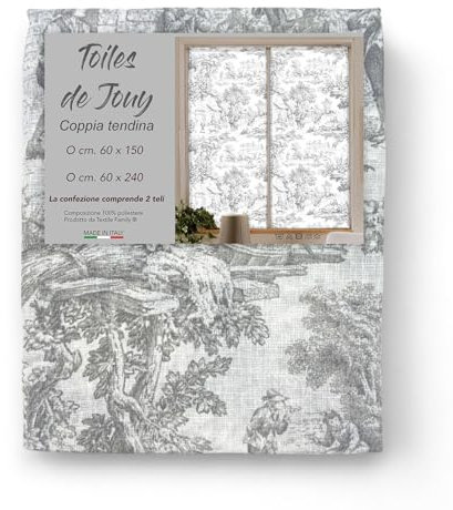 Tex family Coppia TENDINA a vetro TOILES DE JOUY Grigio larga cm. 60 da Finestra e da Porta - COPPIA (2 TELI) CM. 60X240