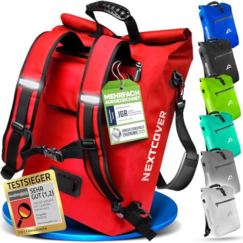 Nextcover® NEU 3in1 Fahrradtasche für Gepäckträger [PVC frei] - Gepäckträgertasche, Fahrradtasche Rucksack und Umhängetasche 25L I Fahrrad Tasche wasserdicht, Fahrradtaschen Gepäckträger