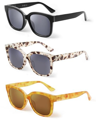 JM 3er Pack Sonnenbrille mit Sehstärke Damen Übergroß Quadrat Sonnen Leser Brille Federscharniere UV400 Schutz Lesebrillen, +2.0