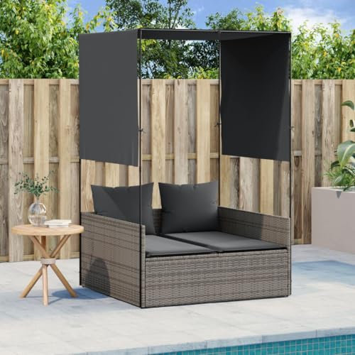 Gecheer Doppel Sonnenliege, Gartenliege mit Dach Vorhängen, Doppelliege für Garten Terrasse, Relaxliege Sonnenbett Gartenmöbel, Grau Poly Rattan