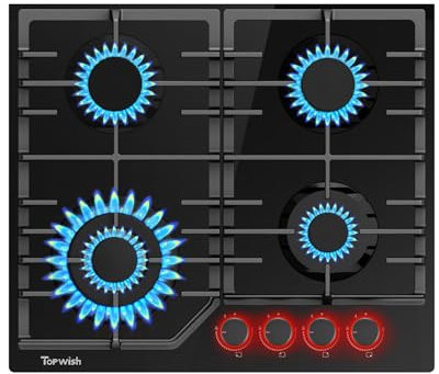 TOPWISH Gaskochfeld 4 flammig,Einbau Gaskochfeld 60cm, Gaskochfelder mit Italien SABAF-Brenner,Glasherd mit rote beleuchteter Drehknopf,NG/LPG Konvertierbar,Automatischer Thermoelementschutz,8000 Watt