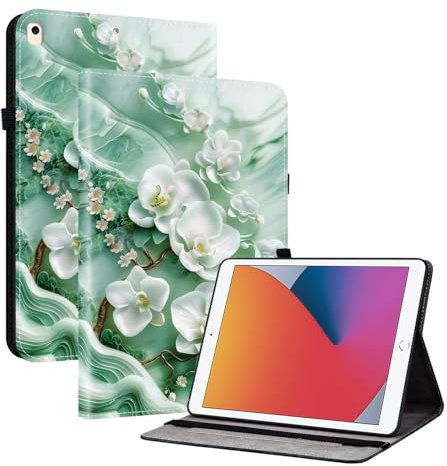 TEDTIKJT Funda para iPad 6th/5th Generation 9.7 (2017/2018) Carcasa Flip Tableta Protectora PU Cuero con Función de Soporte Funda para iPad 9.7 6th/5th Gen Carcasa,Flores de Jade