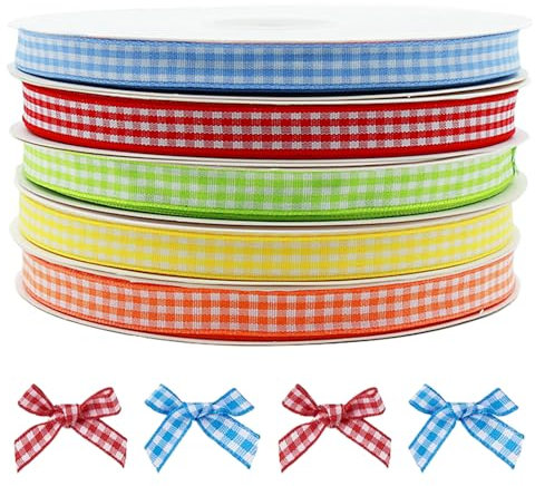 TRKETK Kariertes Band, kariert, 9,5 cm x 9,1 m, Geschenkbänder, DIY, Geschenkverpackung, Gingham-Karo, Weihnachten, für Dekoration, Kunst, Handwerk, Haar-Accessoires, mehrfarbig, 5 Stück