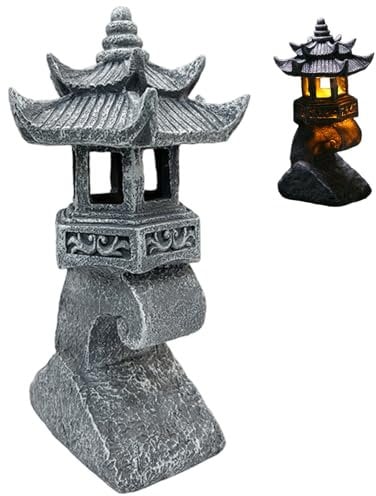 Eyccier Japanese Pagoda Statues, Waterproof Resin Solar Pagoda Lantern, 4x6x13 inch Decorative Japanese Stone Lantern for Garden Yard Lawn Balcony Patio Porch.