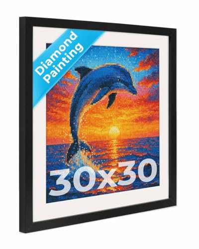 PHOTOLINI Bilderrahmen 30x30 Diamond Painting Rahmen, Schwarz, Bilderrahmen für Diamond Painting 30 x 30 mit passendem Passepartout, quadratischer Rahmen mit bruchsicherem Acrylglas zum Aufhängen