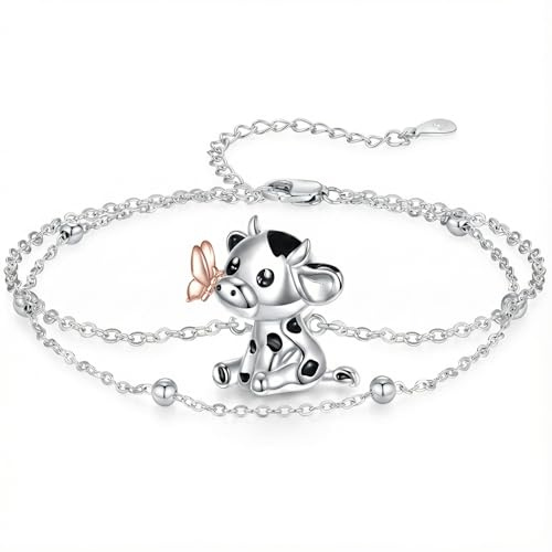 YAFEINI Kuh Armband Damen 925 Sterling Silber Niedliches Tierarmband mit Kuh und Schmetterling Schmuck Geschenk für Frauen