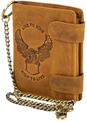 MDM Biker Geldbörse Herren Leder mit Kette, Portemonnaie Echtleder im Vintage-Design mit Prägung - Bikerkombibörse Hochformat (Hell Braun)