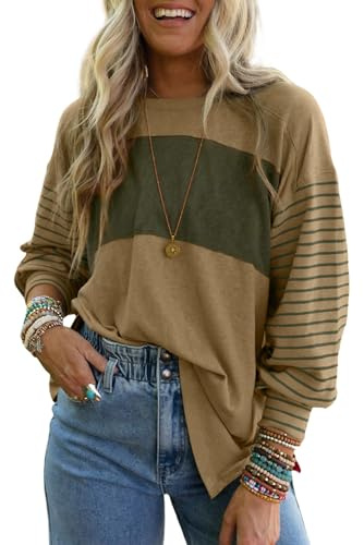 CHICZONE Womens Sweatshirts Long Sleeve Fall Tops Color Block Striped T Shirts Tunic Tops Oversized Crew Neck Tees