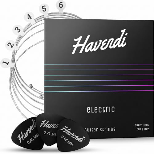 Havendi Corde per chitarra elettrica 09-42 suono brillante Super Light Gauge Nickel Wound (set da 6 corde) incl. 3 plettri