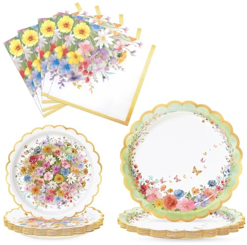 WERNNSAI Floral Party Supplies 48 PCS Coroful Wild Flowers Plates Napkins | Birthday Party Decorations Women Girls Birthday Bridal Shower Bachelorette Wedding Tableware Set Serves 16 Guests