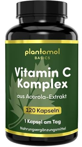 Acerola Vitamin C hochdosiert - 650mg Acerola Kapseln - plantomol® Basics | 162,5mg natürliches Vitamin C pro Kapsel - Vitamin C Komplex mit Quercetin Papain Spirulina - 4 Monatsvorrat an C Vitamin