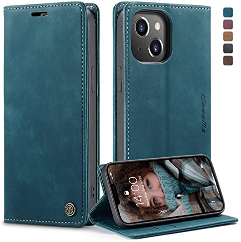 KZB für iPhone 13 Hülle, Magnet Leder Klapphülle Stoßfest | Retro PU Leder, 2 Kartenfach, Standfunktion, Schutzhülle, Flip Case, Handyhülle für iPhone 13 6,1'', Blaugrün