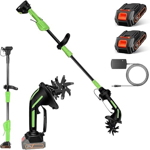 Motocoltivatore elettrico senza fili 21 V, mini coltivatore da giardino con batteria al litio, profondità di aratura 10 cm, autonomia 30 min, ideale per orto, frutteto e prato (2 batterie 1