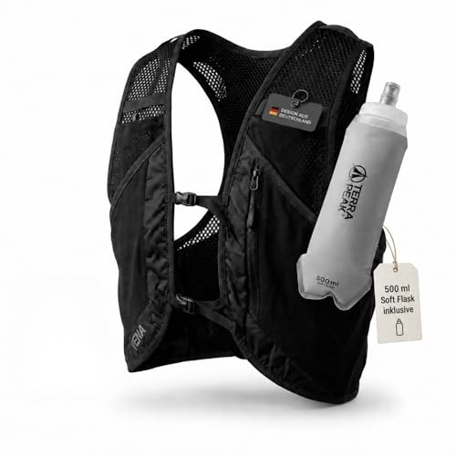 Terra Peak® VENA - Gilet da corsa da 500 ml, borraccia da corsa, unisex, taglia S/M, nero, riflettente, con scomparto per vescica, porta bastoni