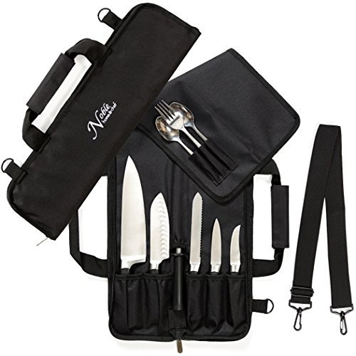 Chef Knife Roll Bag (6 Slots) is Padded and Holds 5 Knives Plus a Protected Pouch for Your Knife Steel! Our Durable Knife Carrier Includes Shoulder Strap, Handle, and Business Card Holder. (Bag Only)
